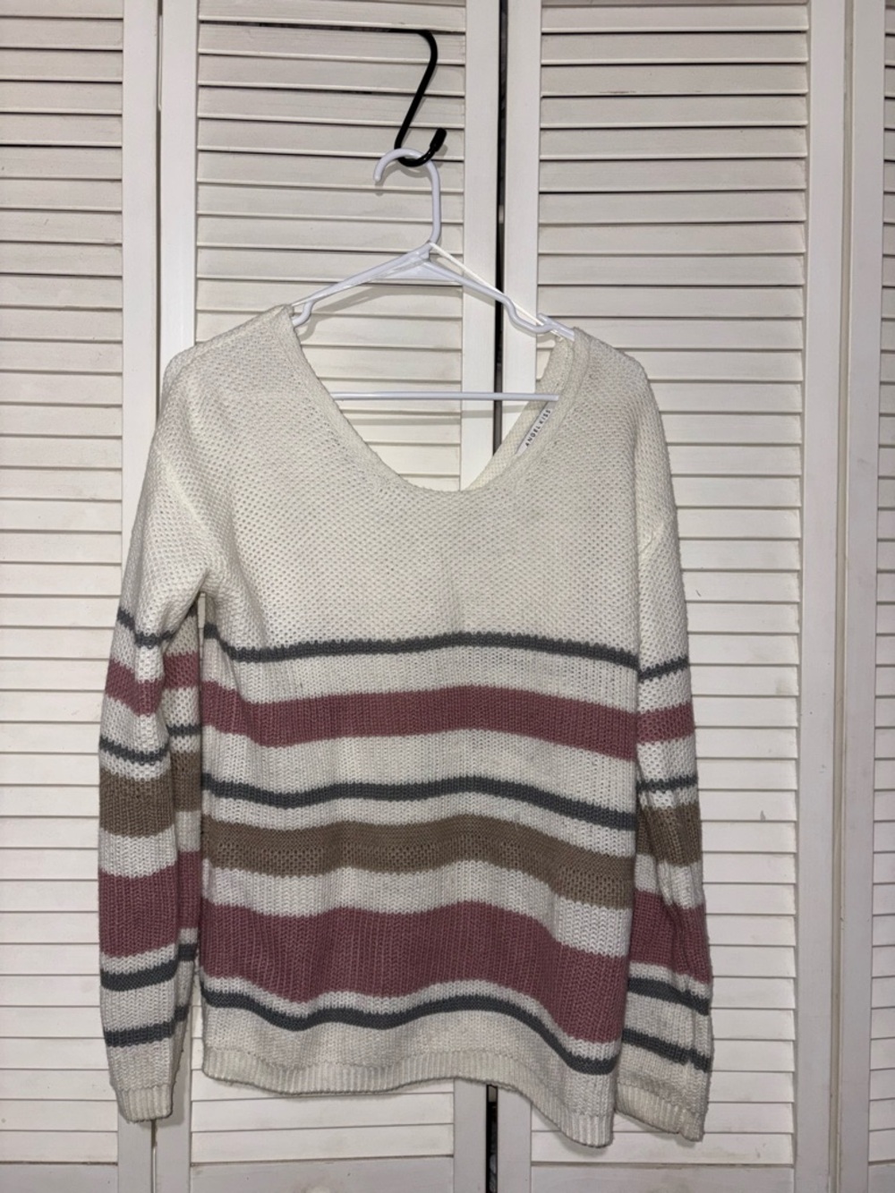 Angel Kiss Cream V-Neck Sweater with Dusty Rose & Taupe Stripes
